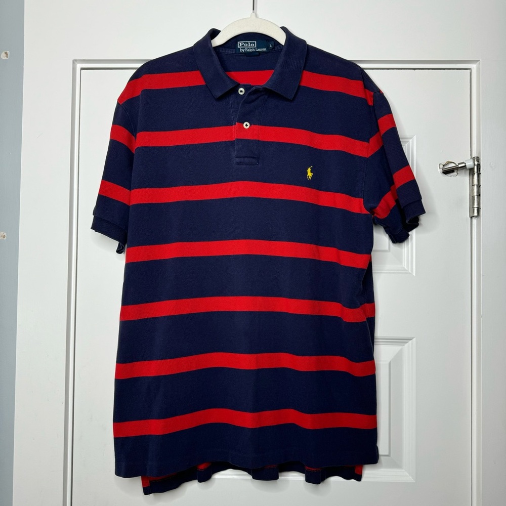 Polo Ralph Lauren Striped Custom Fit Polo Shirt Navy Blue Red Mens Size Large